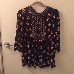 Anthropologie Blue floral blouse hand stitched