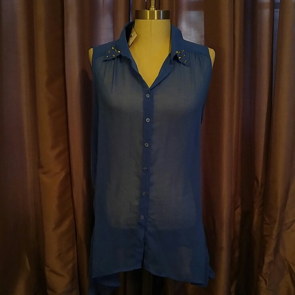 Blue sheer sleeveless button blouse collar studs