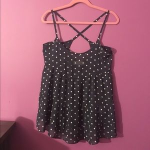 Navy blue and white polka dotted top