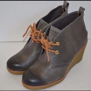 Harlow burnished leather wedge bootie