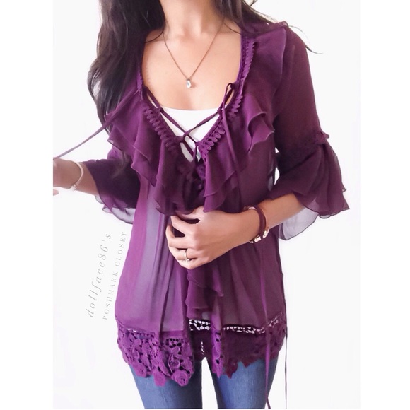 Wilster  Tops - Purple Romantic Sheer Lace Up Blouse