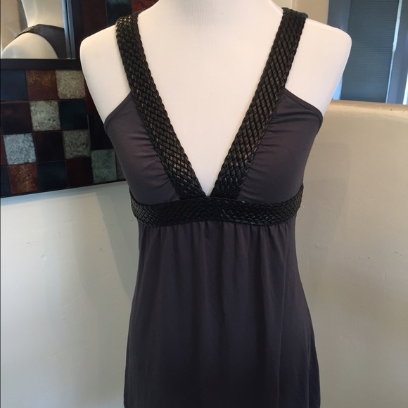 Gray Tank Top with Braided Leather Crisscross Straps