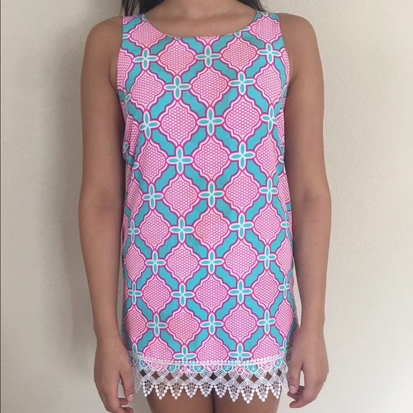 Preppy teal and pink shift dress