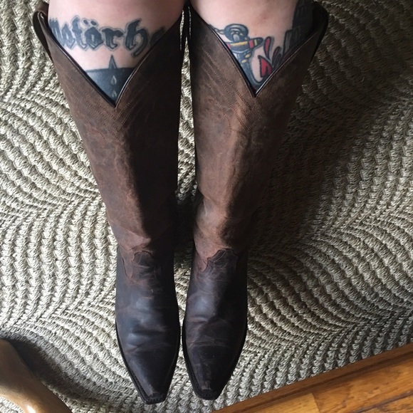 Distressed leather knee high snip tip boots