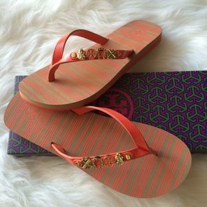 Tory Burch Kiley Charm Logo Coral Flip Flops