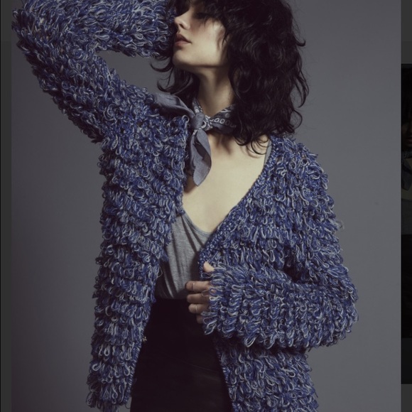 With tags, blue Joplin cardi