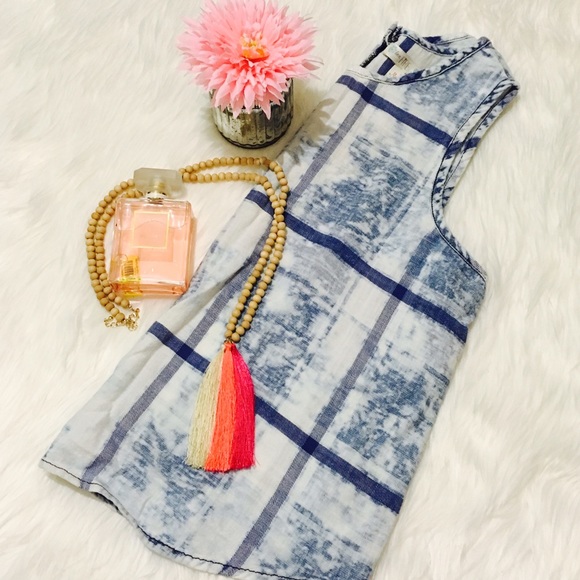 Tops - Blue & White Plaid Bleached Tank