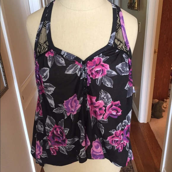 Floral racer back tank with lace detail - Picture 1 of 2