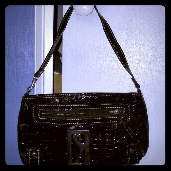 Black patent leather faux Croc purse