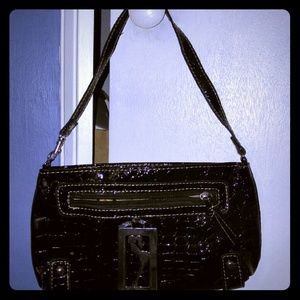 Black patent leather faux Croc purse