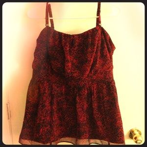 Red animal print strapless chiffon top