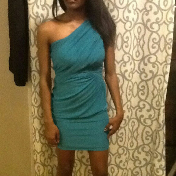 One shoulder teal special event dress