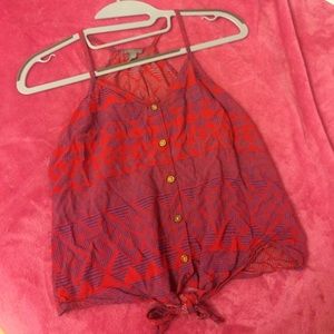 Red and navy geo-pattern tied button-down crop top