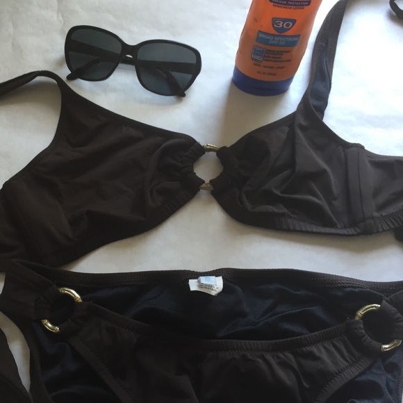 Brown J Crew bikini with gold tone hardware.