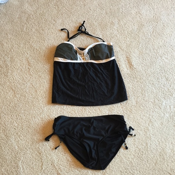 WORN ONCE- Super cute polka dot tankini open back