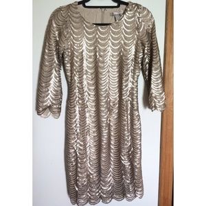 Gold sequined scalloped evening dress NWOT