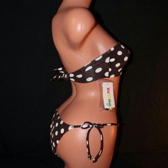 VICTORIA SMALL BIKINI SET BROWN POLKA DOT STRAPLES - Picture 3 of 4