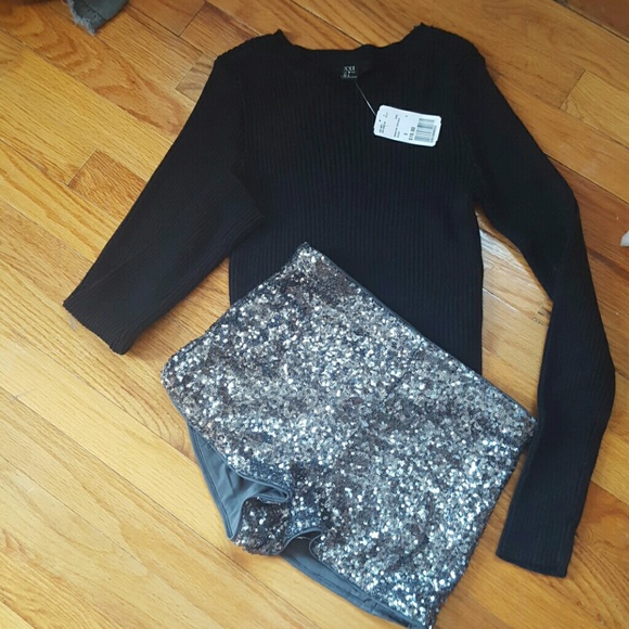 Sequin shorts and cropped sweater outfit