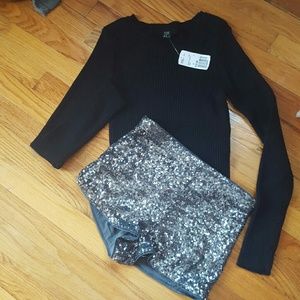 Sequin shorts and cropped sweater outfit