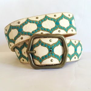 Embroidered Ivory Blue & Green Leather Belt