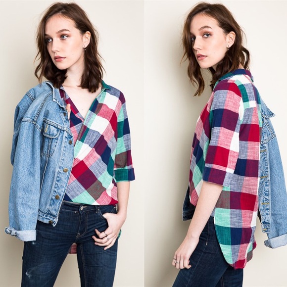 🆕KAITLYN High-Lo Plaid Shirt - PLUM mix - Picture 2 of 4