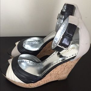 Bcbgirls Two-tone leather, cork wedge sandals