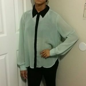 Beautiful sheer mint green top with black collar.