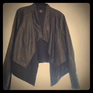 crop faux leather jacket with mixed media detail
