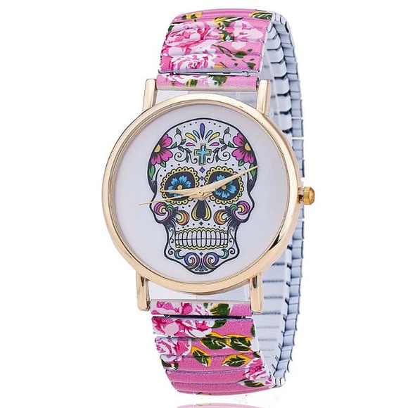 Sugar Skull Watch w/ Elastic Floral Band Halloween - Picture 2 of 2