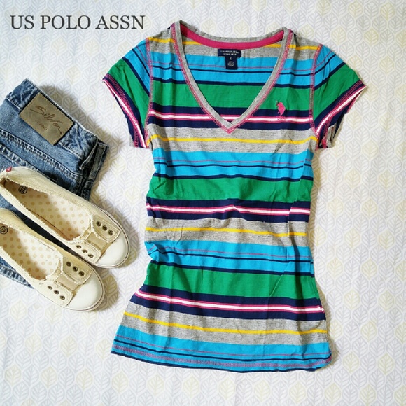 🆕US Polo Assn Stripe V neck fitted cotton Tshirt