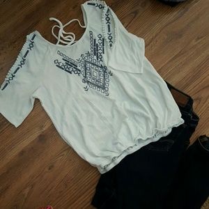 Maurices Open shoulder Aztec top