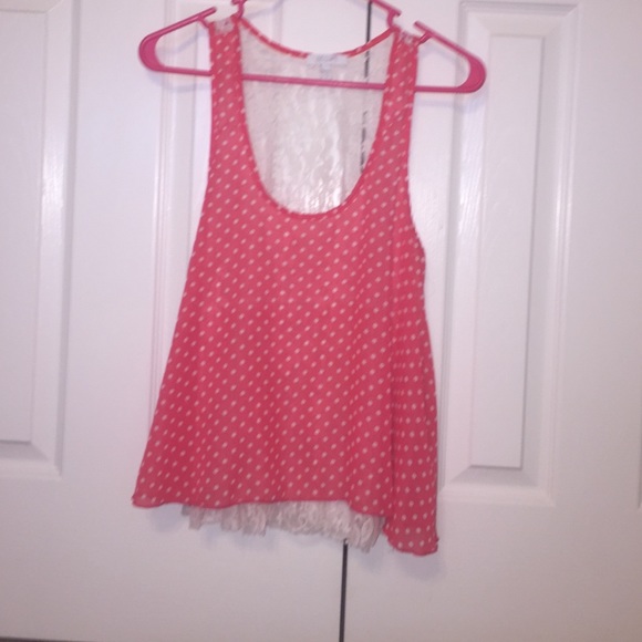 Red polkadot tank top with white lace back - Picture 1 of 2