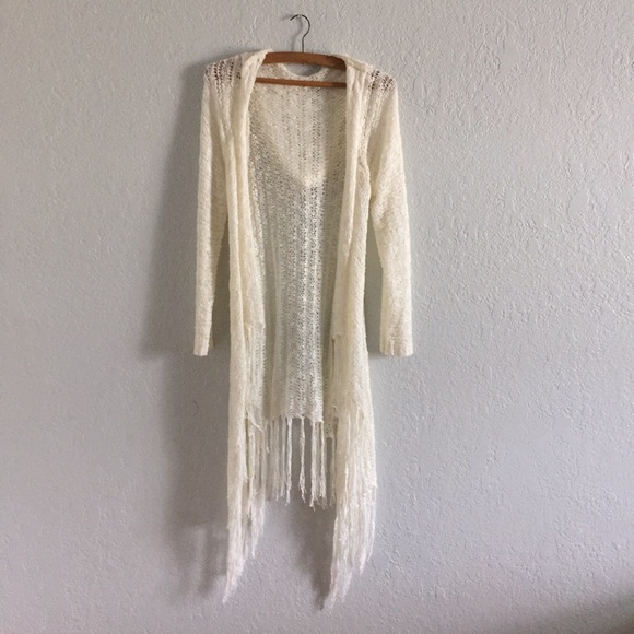 White Fringe Hooded Open Knit Cardigan/ Cover Up