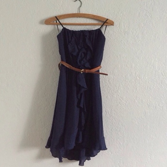 Navy Ruffled Strapless Hi Low Dress - Picture 3 of 4
