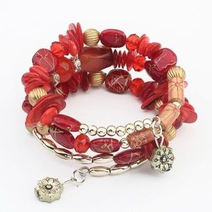 New red & gold wrap beaded stone bracelet