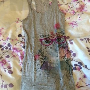Watercolor owl tank with lace detailing.