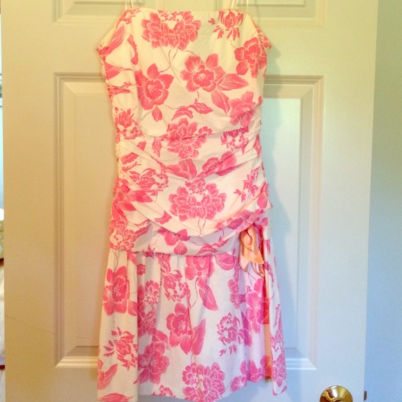 Pink and white floral, strapless, ABS sundress