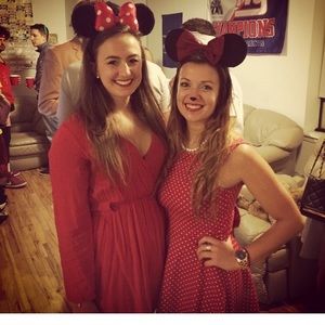 Bow back red dress with white polka dots