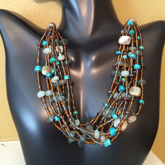 Necklace Multi-Strand Blue and Brown