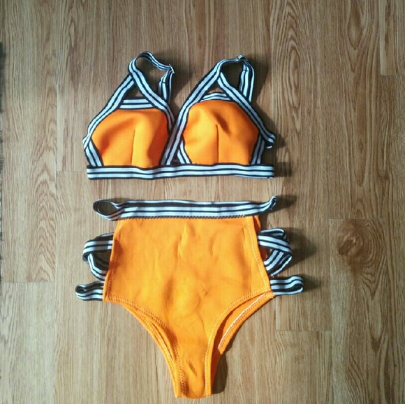 Orange, black & white stripe high waist swimsuit
