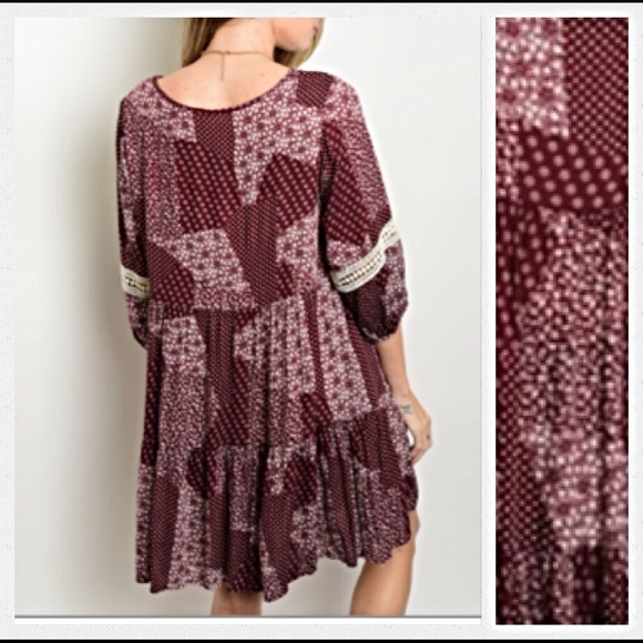 🌺SALE🌺Carefree Boho Burgandy Cream Dress Large - Picture 2 of 4