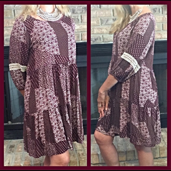 🌺SALE🌺Carefree Boho Burgandy Cream Dress Large - Picture 3 of 4