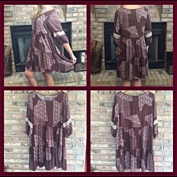 🌺SALE🌺Carefree Boho Burgandy Cream Dress Large - Picture 4 of 4
