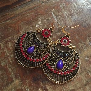 Gold, purple and red earrings