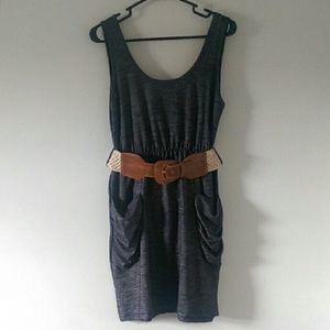 Wet Seal pocket dress, midi, leather/crochet belt