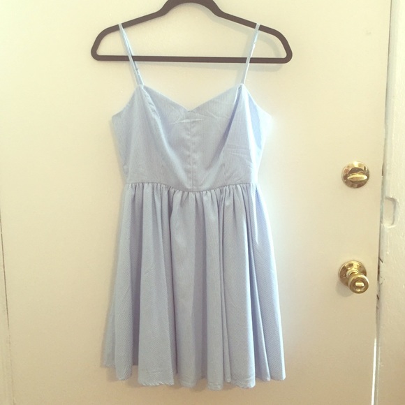 Blue and white vertically stripped summer dress