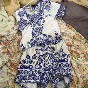 Blue and white short crop top set