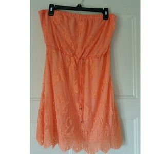 Coral Strapless Lace Dress