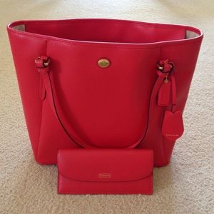 Coach Red Saffiano Leather Tote Handbag & wallet