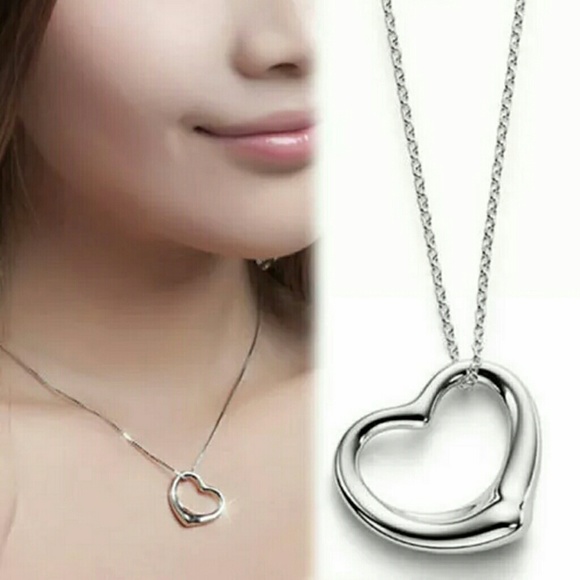 Open heart pendent silver tone fashion necklace